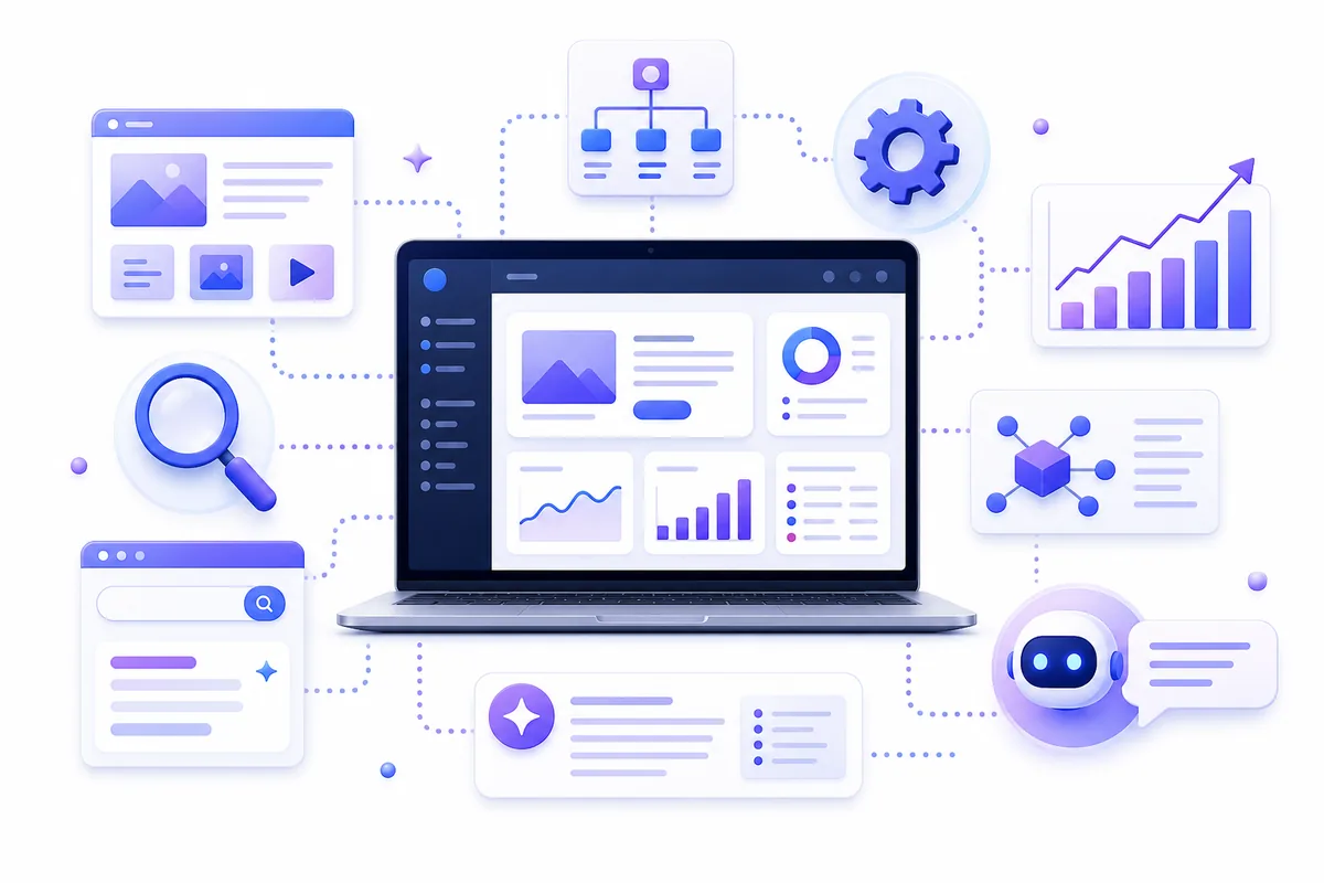WordPress SEO and AEO optimization workflow dashboard, no text in image