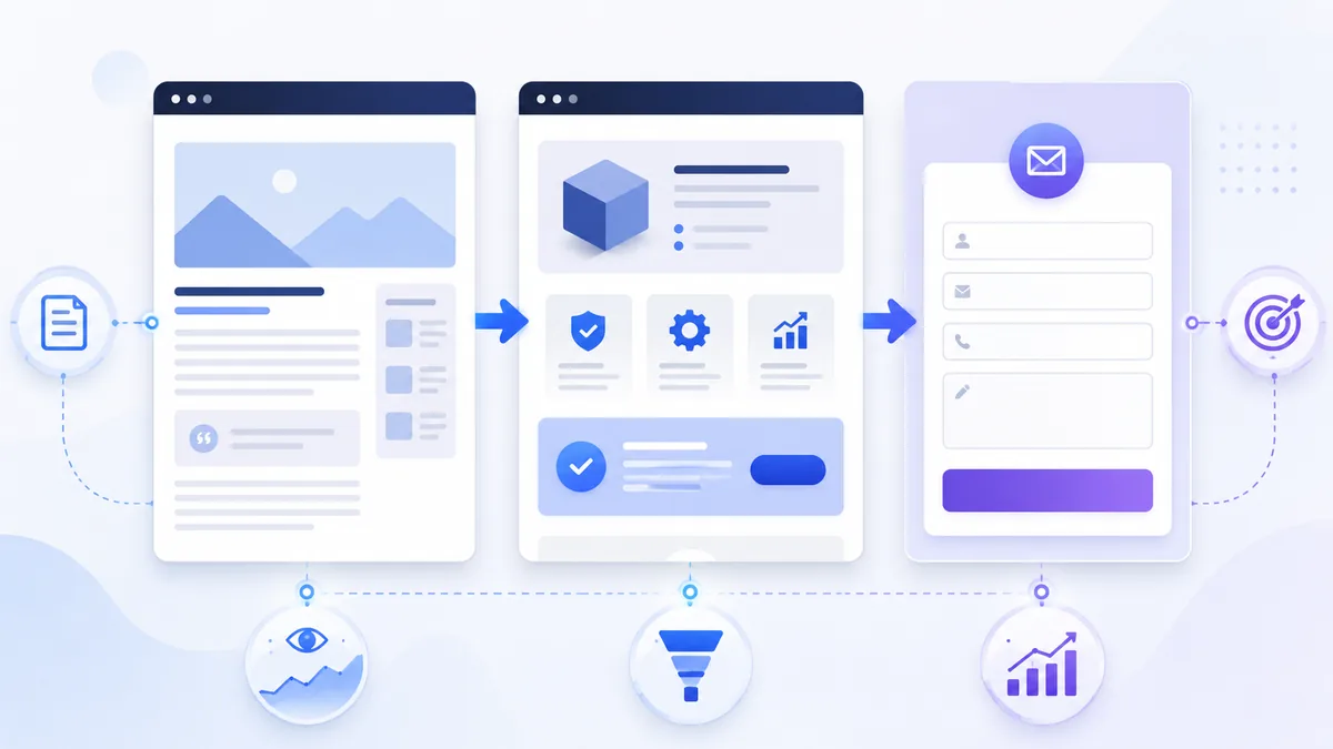 User journey flow from blog article to service page and contact form, no text, no characters, no logos