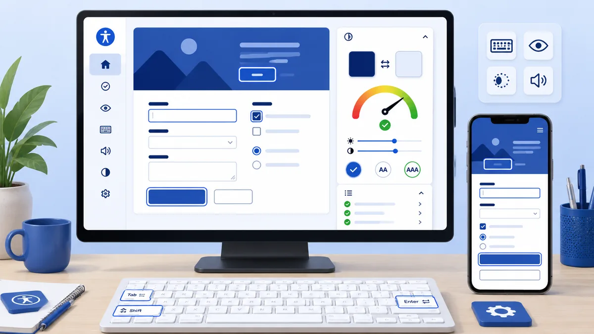 Website accessibility audit scene with contrast checker, form labels, keyboard focus and mobile screen, no text, no characters, no logos