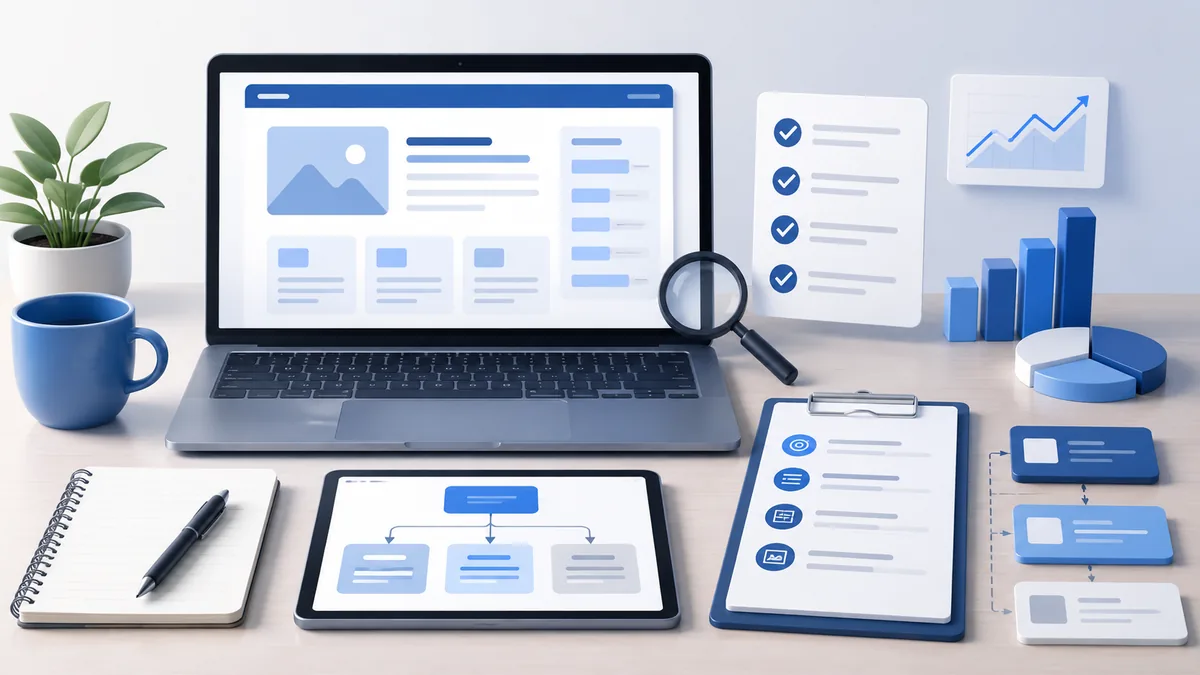 Website content planning workspace with structured headings checklist and search optimization notes, no text, no characters, no logos