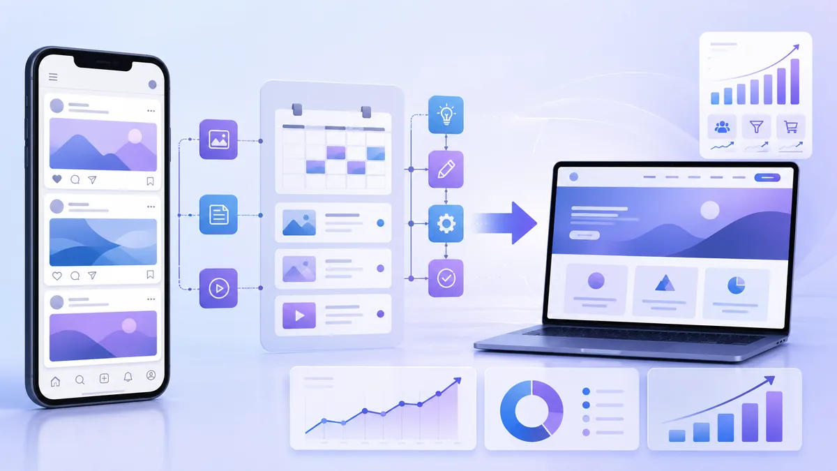 Website landing page and social media campaign analytics concept, no text, no logos, no characters