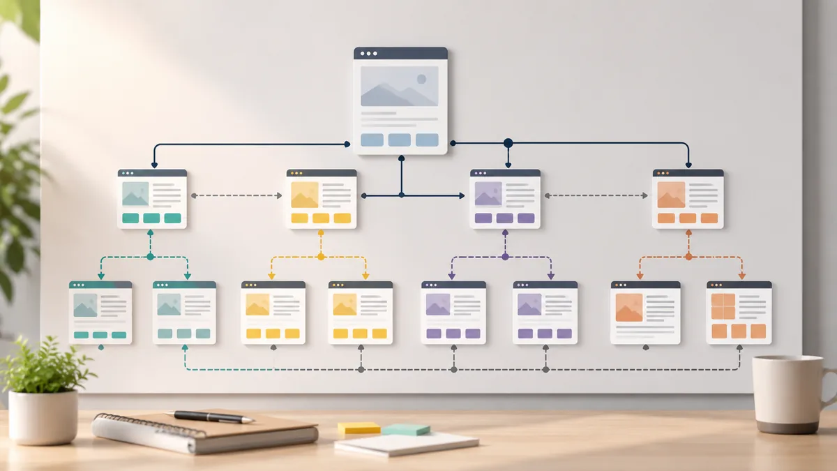 Minimal website content strategy board with connected webpage cards and navigation paths, no text, no logos, no characters