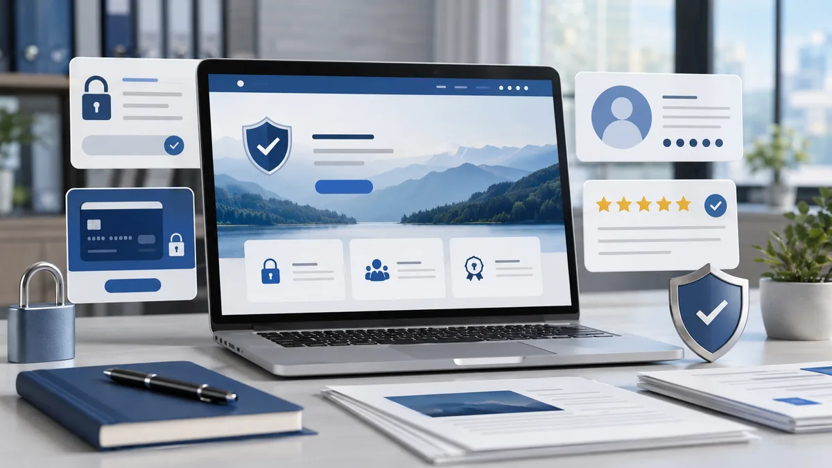 Professional website trust concept with secure checkout, author profile card, customer review symbols and content documents, no text, no people, no logos