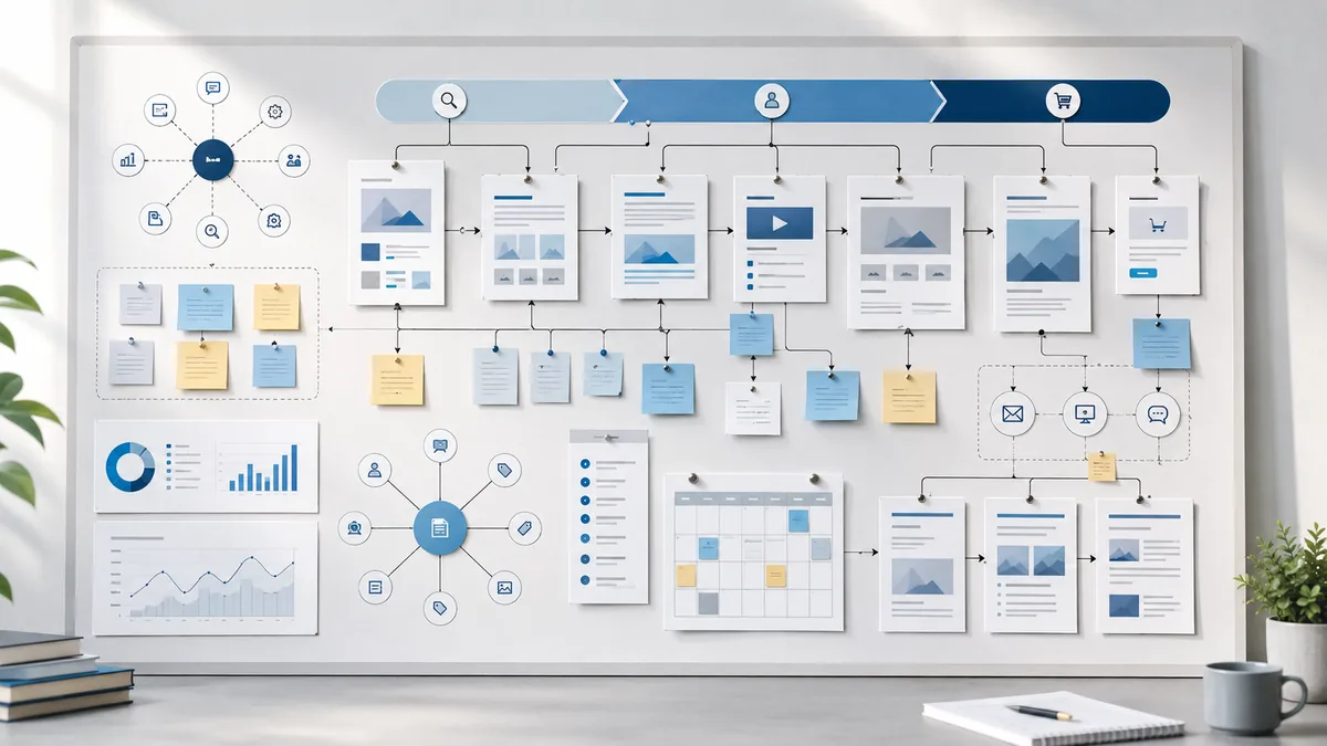 Clean content strategy board with connected blog topic cards SEO keywords website pages and customer journey flow, no text, no people, no logos