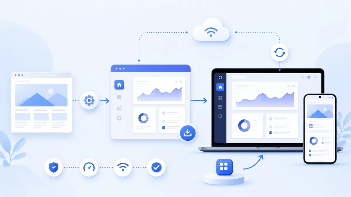 Clean business workflow showing website transformed into an installable web app across smartphone and desktop devices, no text, no logos, no characters