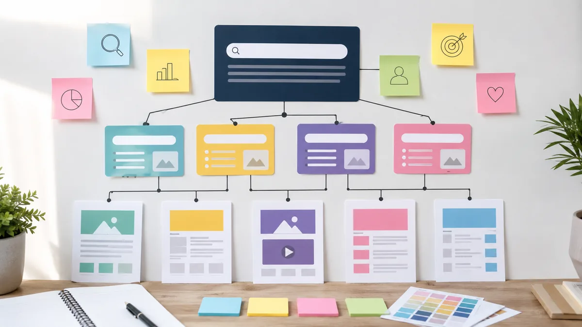 Clean content planning board with connected search intent notes and website page cards, no text, no logos, no characters