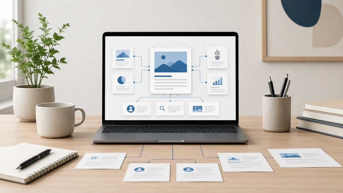 Minimal website planning workspace showing a central content hub connected to supporting article cards, no text, no people, no logos