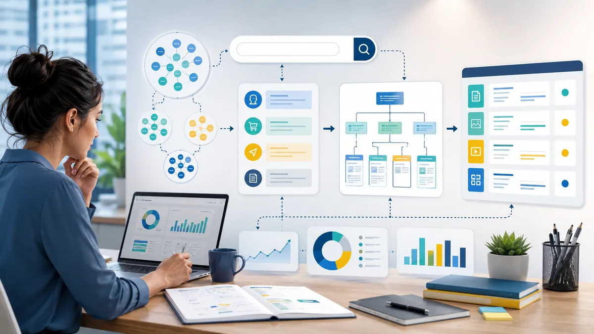 SEO keyword mapping workflow with search intent and content plan no text in image