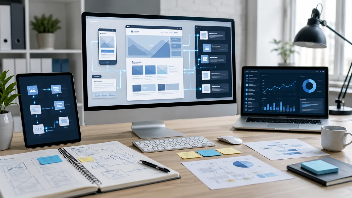 Modern website development workspace showing content API flow, performance dashboard and SEO planning notes, no text, no characters, no logos