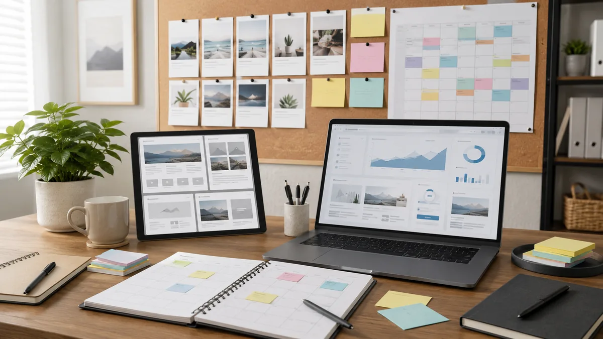 Organized digital marketing calendar with content cards, website drafts and social media planning board, no text, no people, no logos