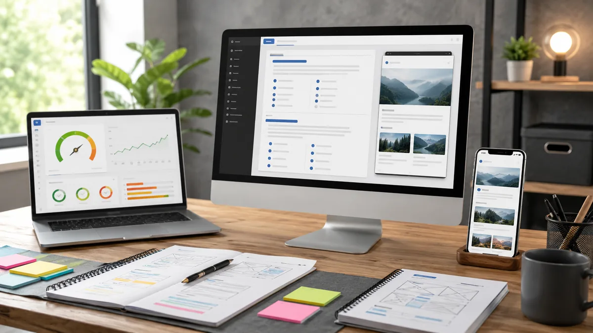 Modern WordPress website optimization workspace with speed report, content outline and mobile preview, no text, no people, no logos