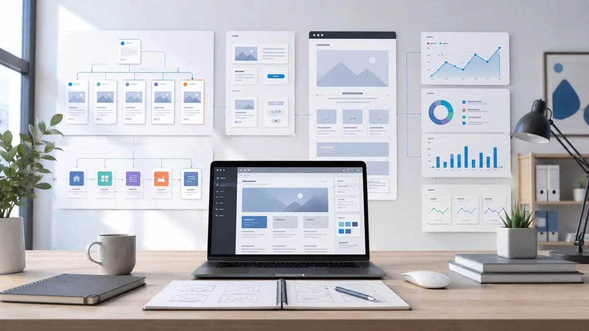 Modern website planning workspace with branch pages, content templates and analytics screens, no text, no people, no logos