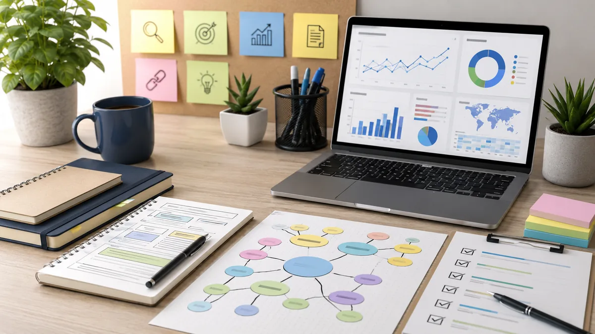 SEO content planning desk with keyword clusters, checklist, analytics dashboard and notebook, no text, no people, no logos
