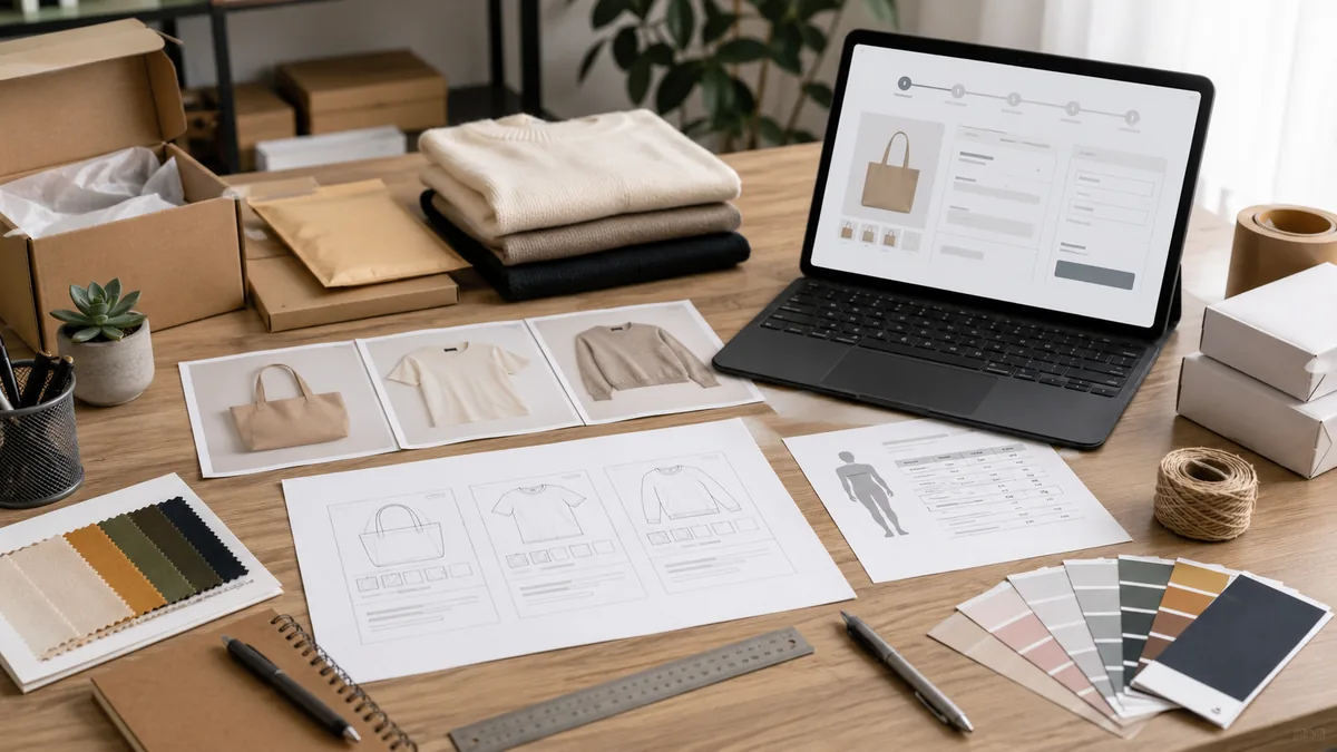 Ecommerce product page planning desk with product photos, size guide sheet, packaging samples and checkout flow, no text, no people, no logos
