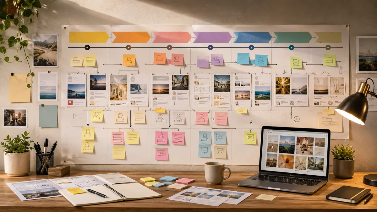 Customer journey planning board with sticky notes, research cards, laptop and warm studio lighting, no text, no people, no logos