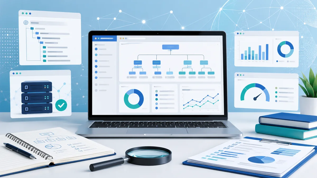 Technical SEO audit workspace with URL paths, server response charts and sitemap structure, no text, no logos, no people