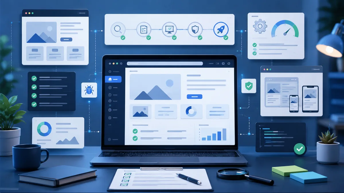 Website testing checklist with staging dashboard, browser windows, analytics panels, no text, no people, no logos