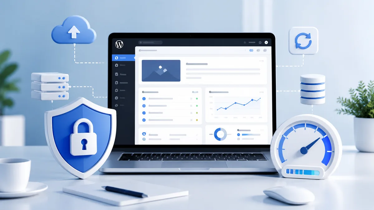secure WordPress website with shield lock backup and performance elements no text