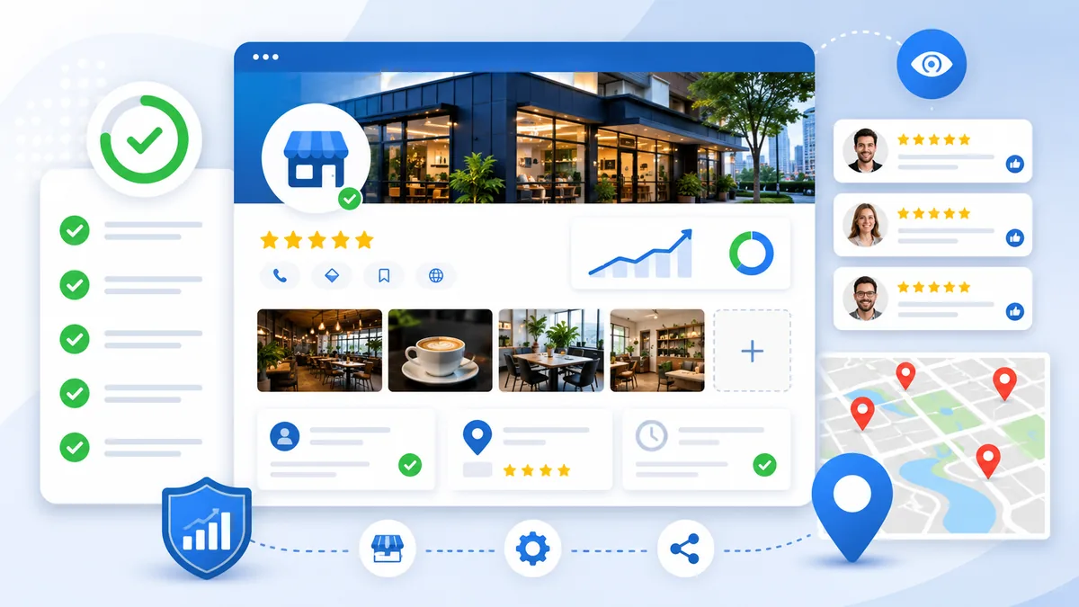 business profile optimization checklist with photos reviews and map elements no text