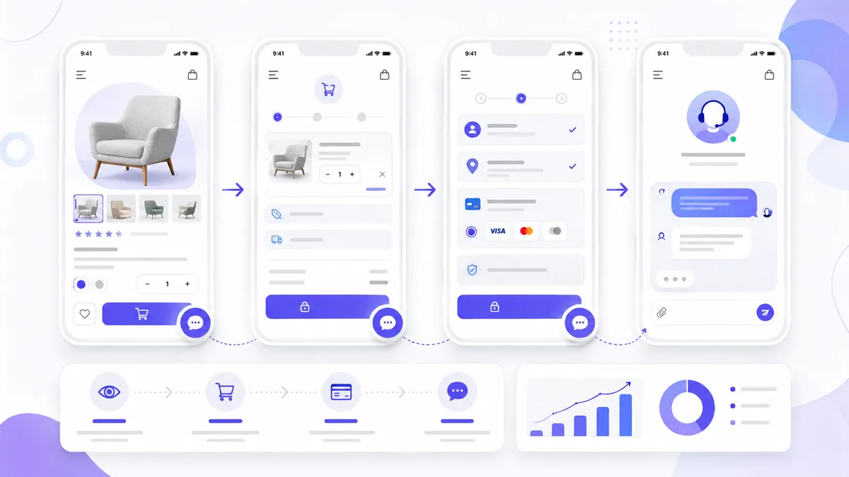 mobile website user journey with product page checkout and contact button no text