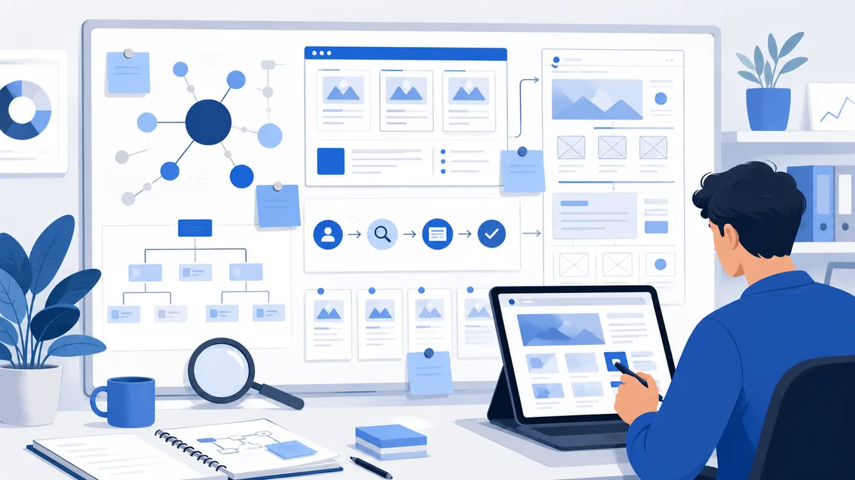 Website content planning with keyword map and UX wireframe, no text in image