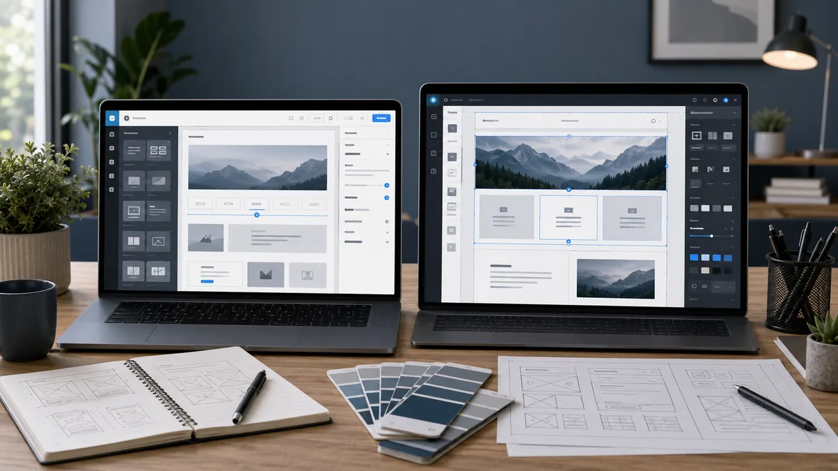 Side-by-side generic WordPress website editing workspace with modular blocks on one screen and a drag-and-drop visual layout canvas on another, no text, no people, no logos
