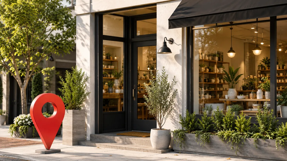 Clean modern local business storefront with map pin concept, warm daylight, no text, no logos, no people
