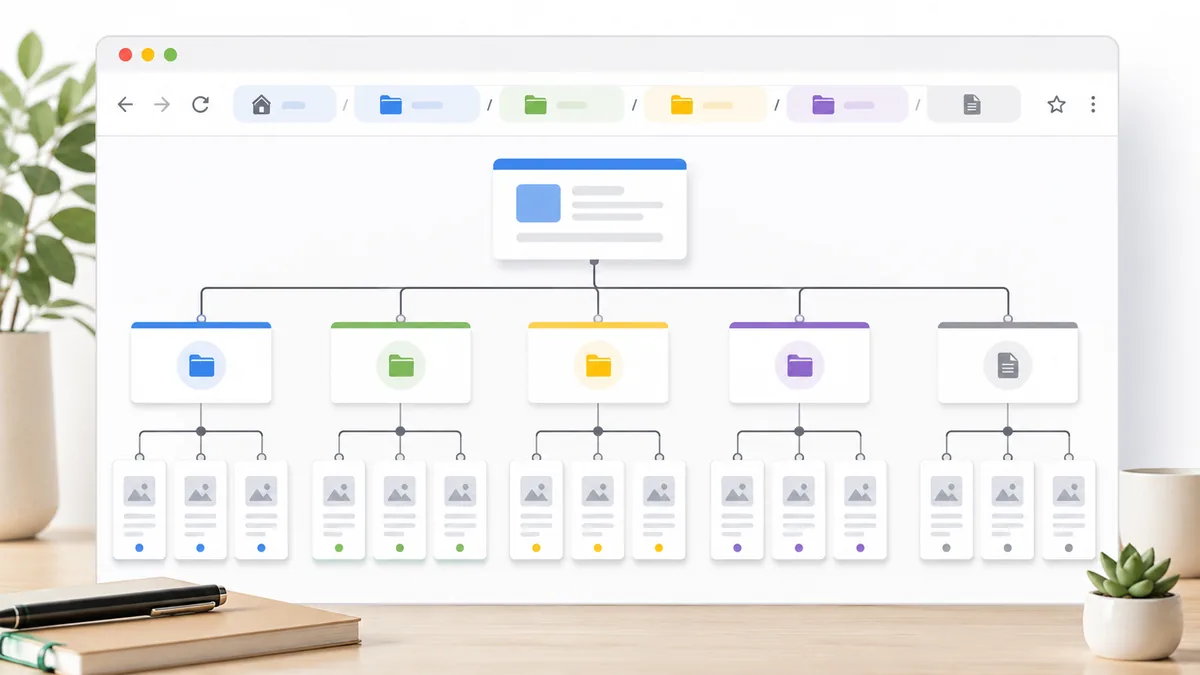 Clean website URL hierarchy concept with browser address paths, content folders and navigation flow, no text, no logos, no people