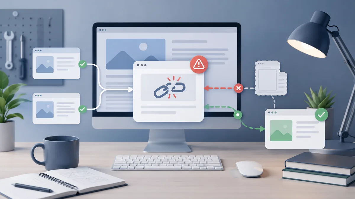 Clean website maintenance workspace with broken link warning concept, browser windows and URL routing flow, no text, no logos, no people