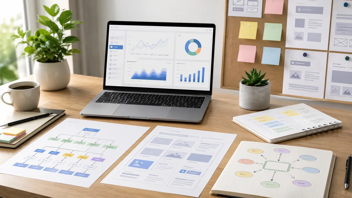 Modern SEO content planning workspace with search query notes, content map, analytics dashboard, no text, no logos, no people