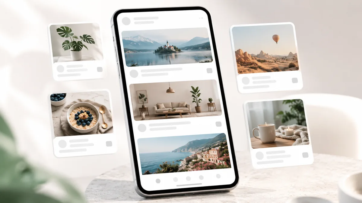 Clean modern mobile content discovery feed concept with article cards and editorial images, no text, no people, no logos, no copyrighted brands