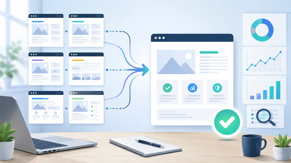 Clean website SEO audit workspace with multiple browser URLs converging into one page, no text, no people, no logos