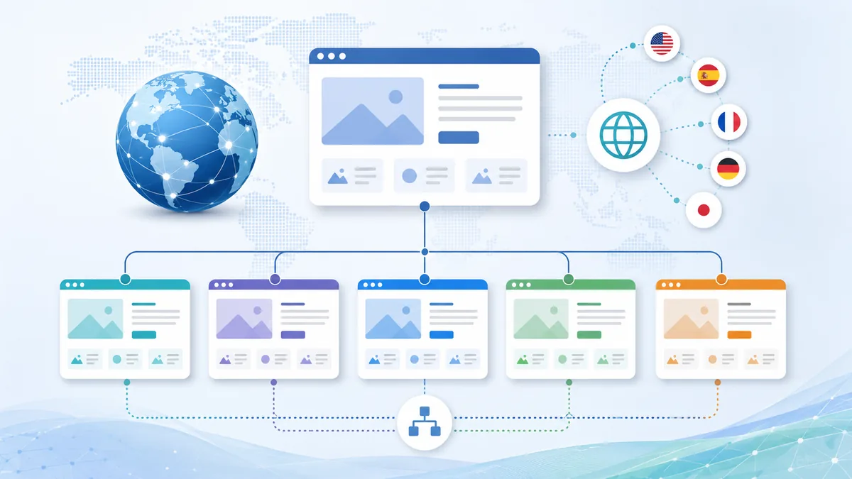 Clean multilingual website architecture with connected browser windows and language selection concept, no text, no people, no logos