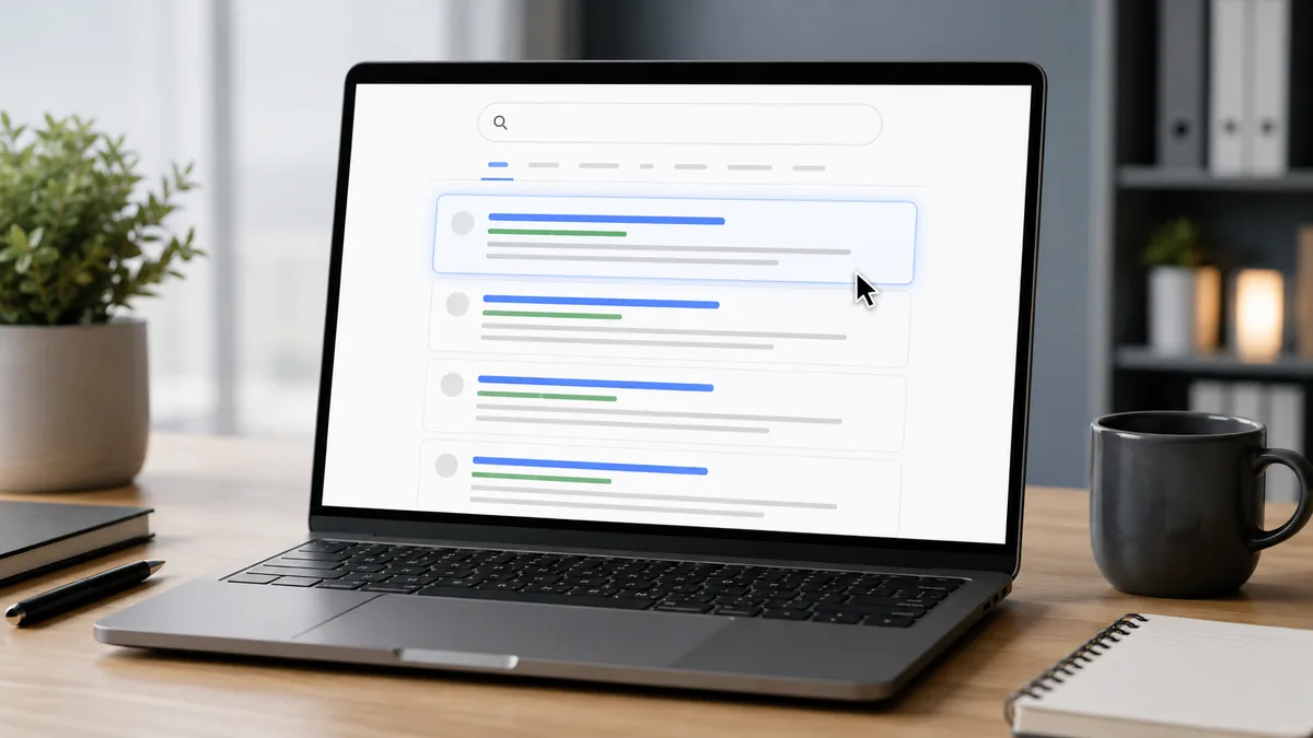 Clean Google search results concept on a laptop screen with clickable website listings, no text, no logos, no people