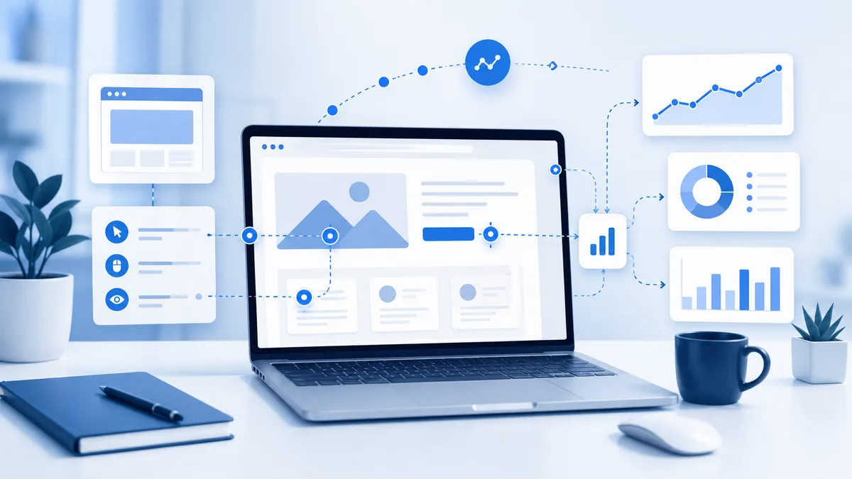 Clean website analytics workspace with generic browser windows, tracking events and data flow, no text, no people, no logos