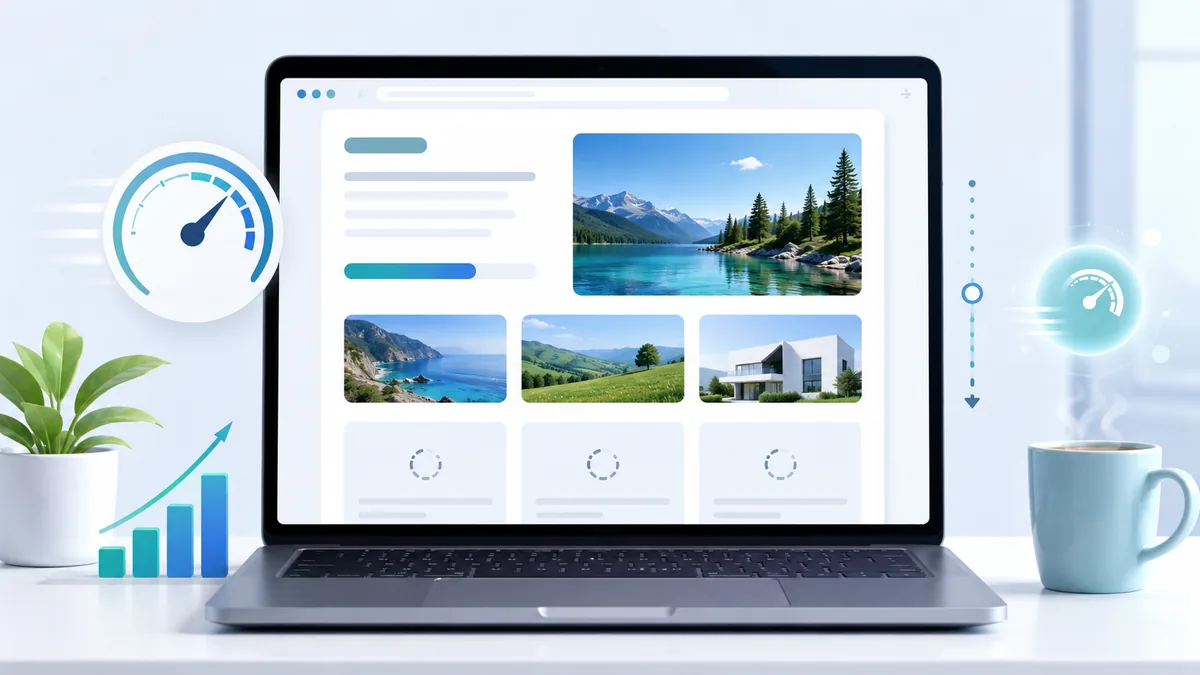 website loading speed concept with images appearing gradually on a clean laptop screen, no text, no logos, no characters