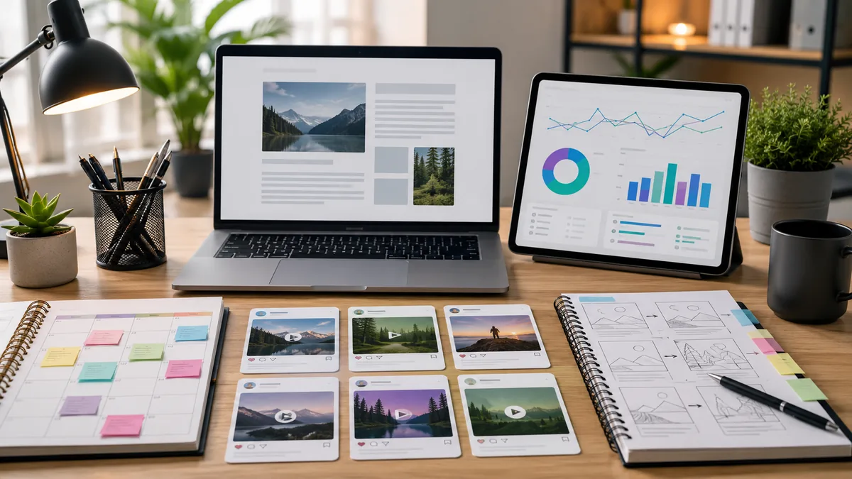 Modern content repurposing workspace with laptop, content calendar, social post cards, video storyboard and analytics dashboard, no text, no people, no logos