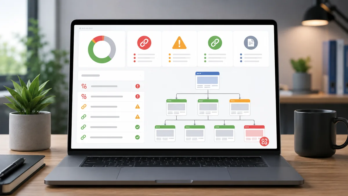 clean website audit dashboard showing broken link warning and page structure, no text, no logos, no characters