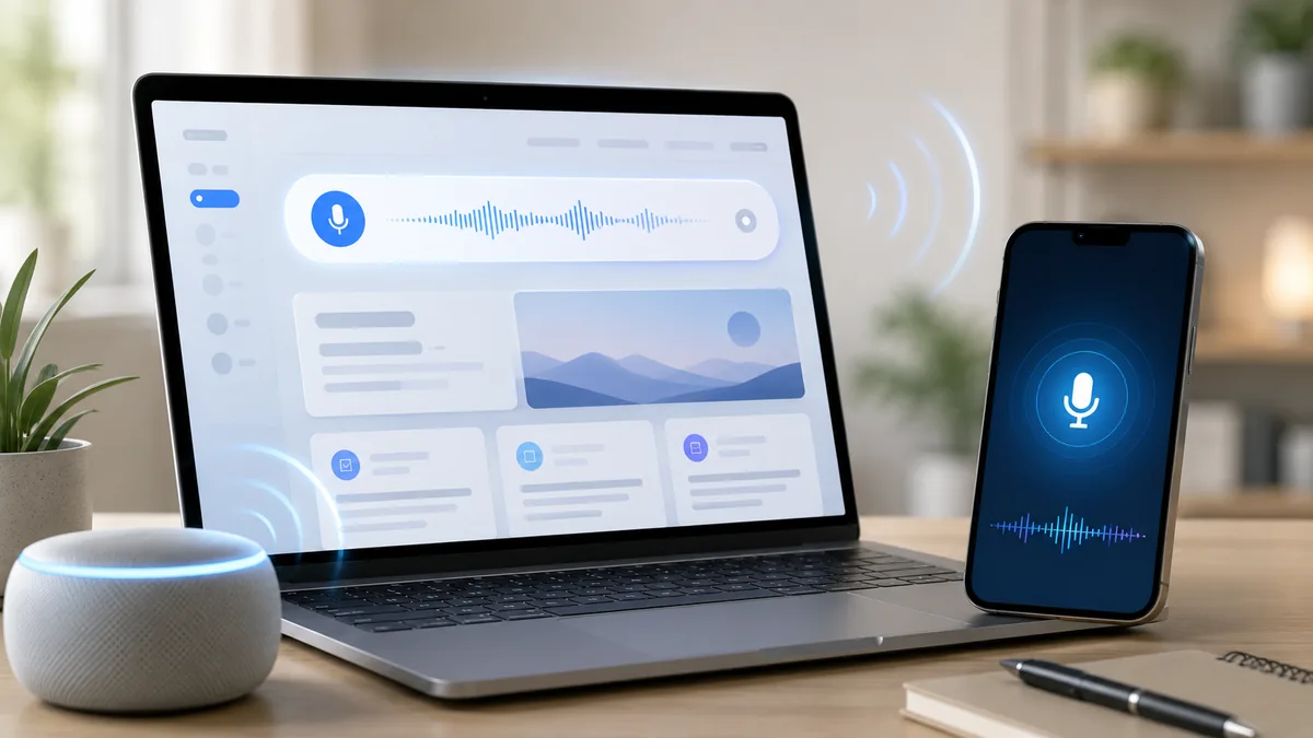 modern website search interface with voice assistant concept on mobile and laptop, no text, no logos, no characters