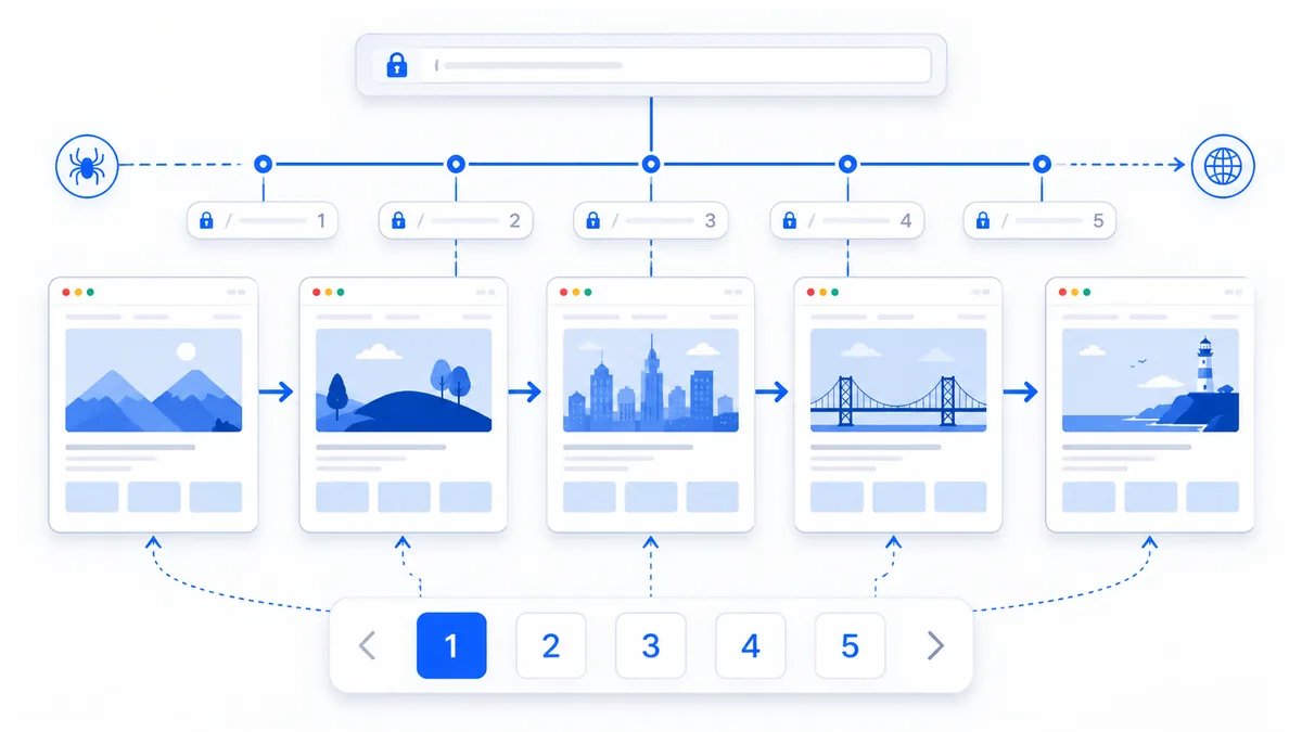Website pagination interface with numbered pages and connected URL structure, no text, no characters, no logos