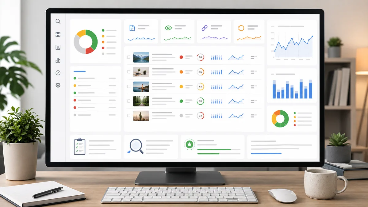 Website content audit dashboard with old articles and performance charts, no text, no characters, no logos