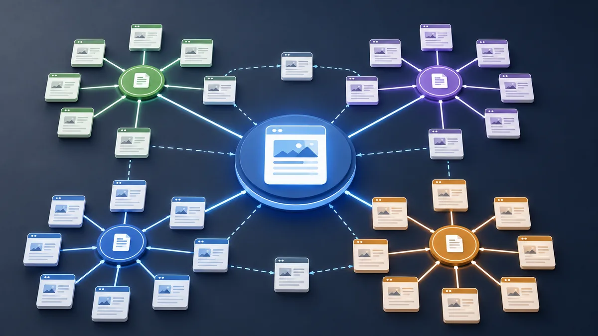 Website content map showing connected topic clusters and authority structure, no text, no characters, no logos