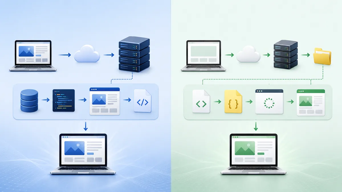 Server side and client side rendering workflow comparison, no text, no characters, no logos