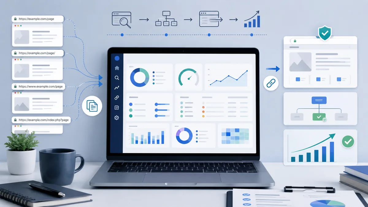 Clean technical SEO workspace with duplicate webpage URLs, canonical link concept, website audit dashboard, no text, no people, no logos