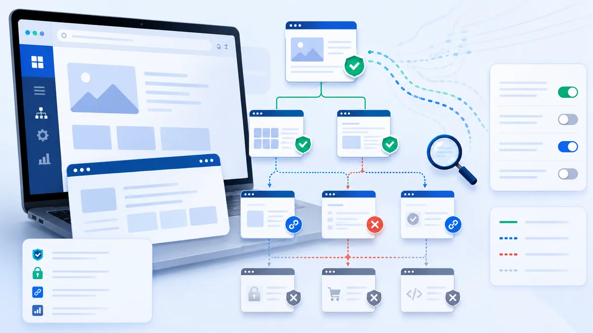 Technical SEO dashboard showing page indexing controls and search crawler settings, no text, no characters, no logos
