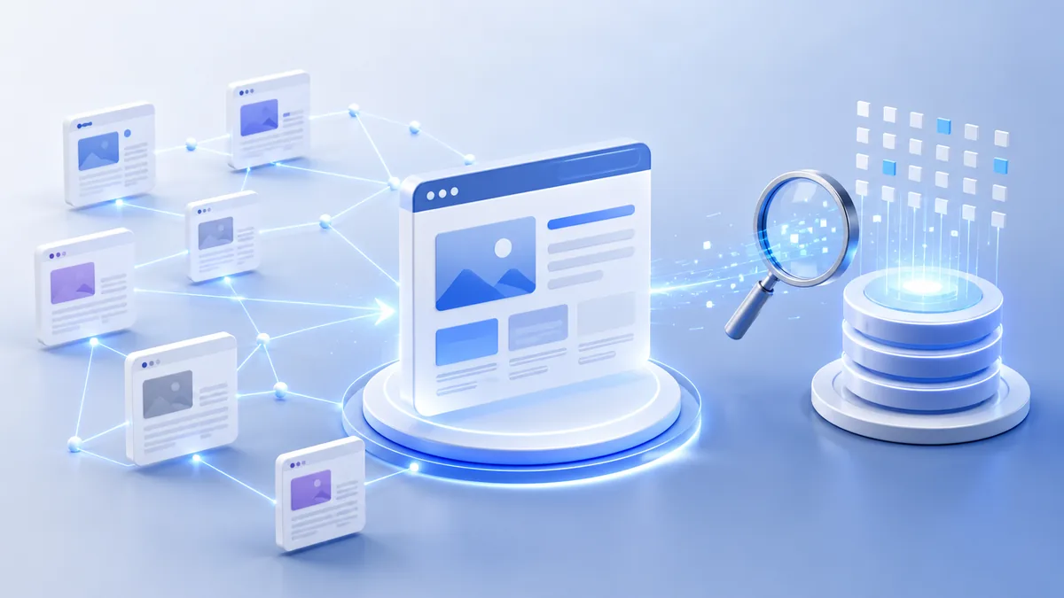 New website gradually entering a search engine index with connected web pages, no text, no characters, no logos