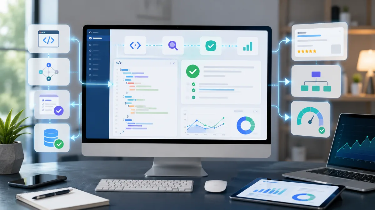 Structured data validation workflow on a modern website dashboard, no text, no characters, no logos
