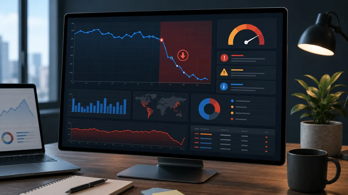 Website search traffic dashboard showing a sudden ranking decline and diagnostic indicators, no text, no characters, no logos