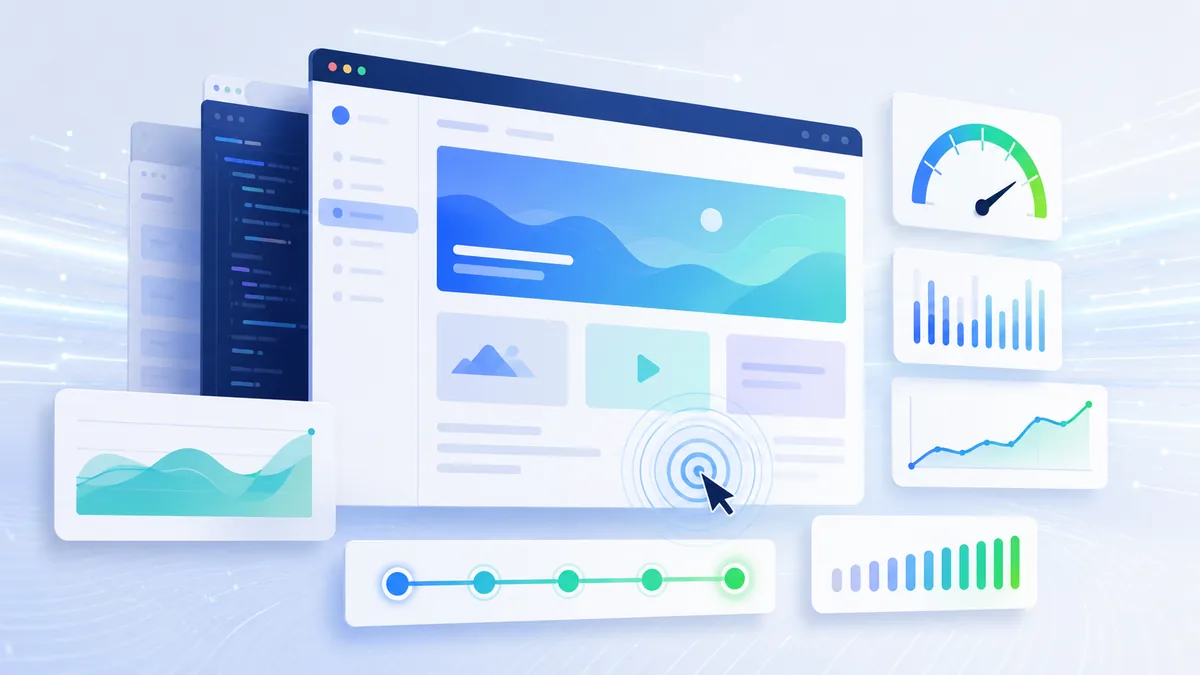 Website interface responding instantly to user interactions with layered browser panels and performance indicators, no text, no characters, no logos