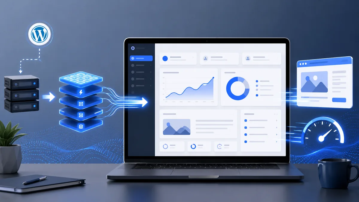 Clean WordPress website performance dashboard with server cache layers and fast loading concept, no text, no people, no logos